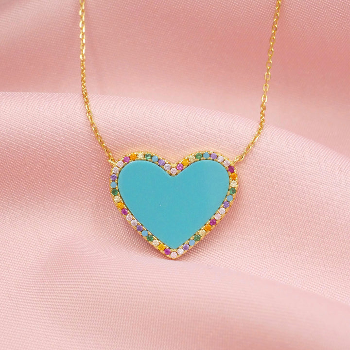 Turquoise Heart Necklace with Rainbow Pave
