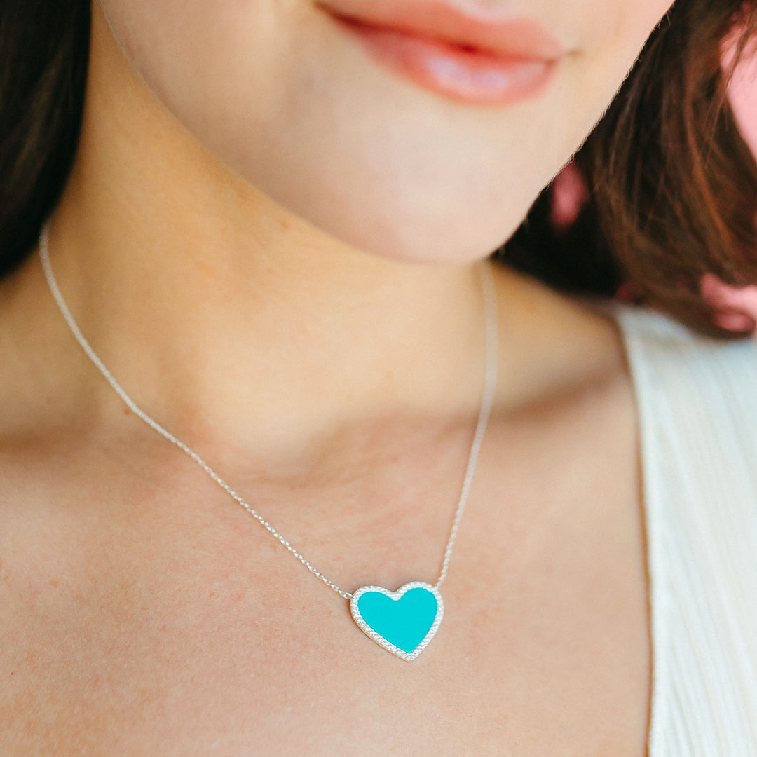 Turquoise Heart Necklace with White Crystal Pave