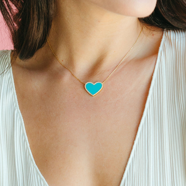 Turquoise Heart Necklace with White Crystal Pave
