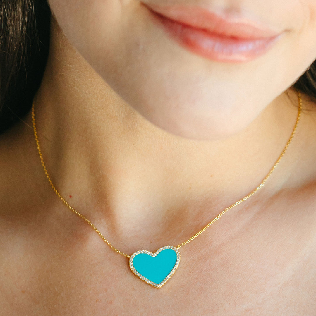 Turquoise Heart Necklace with White Crystal Pave