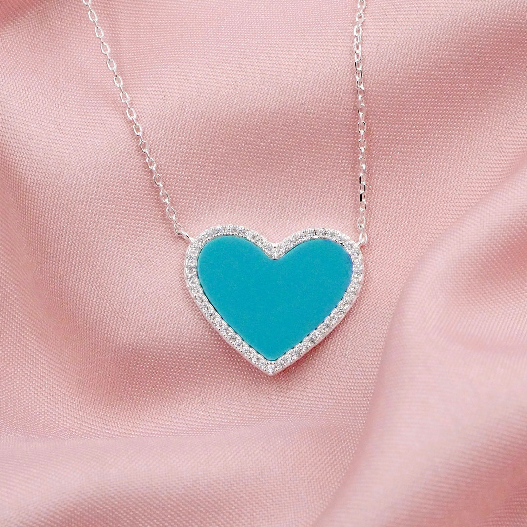 Turquoise Heart Necklace with White Crystal Pave