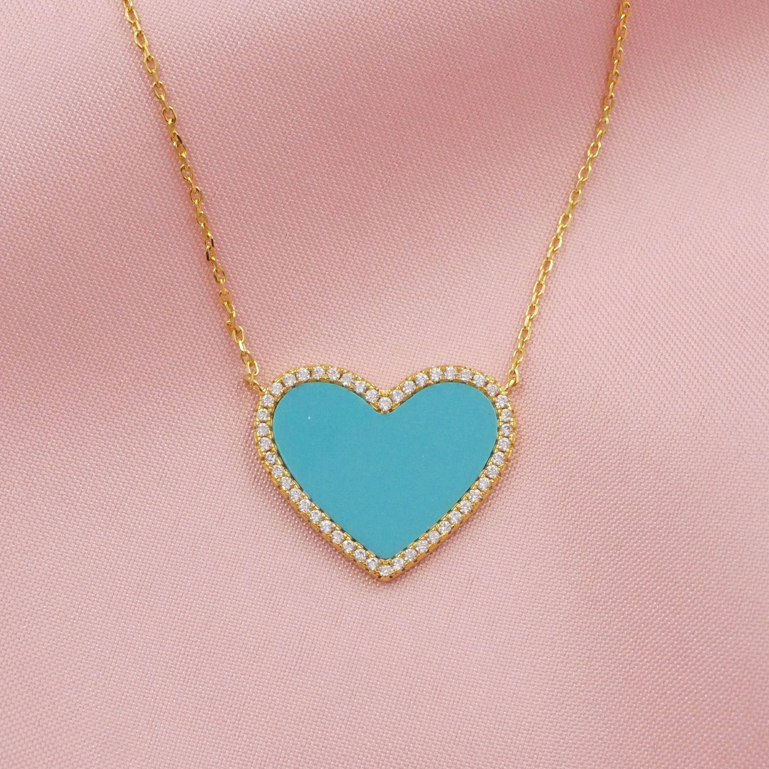 Turquoise Heart Necklace with White Crystal Pave